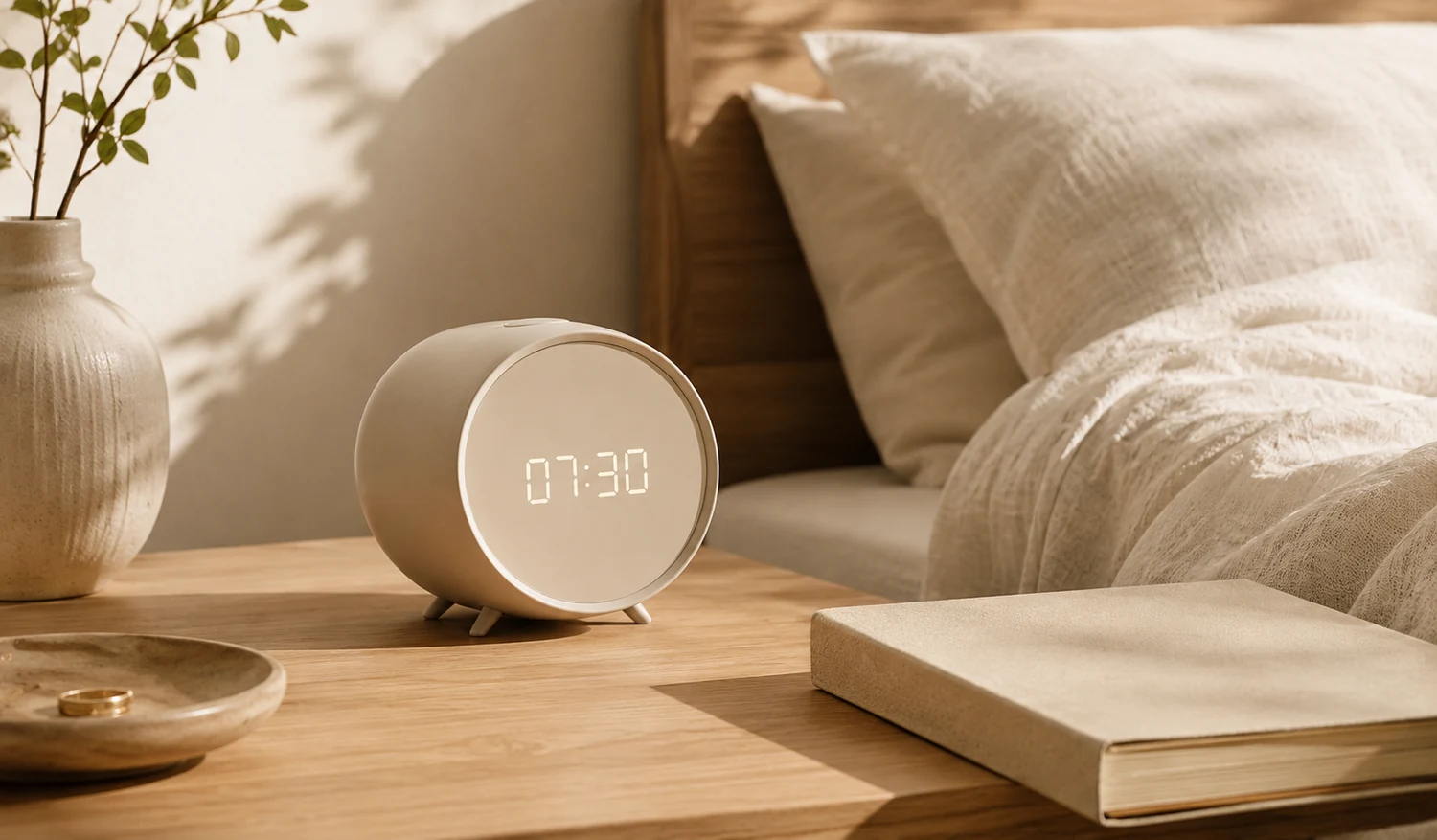 Lifestyle scene capability example with a bedside clock