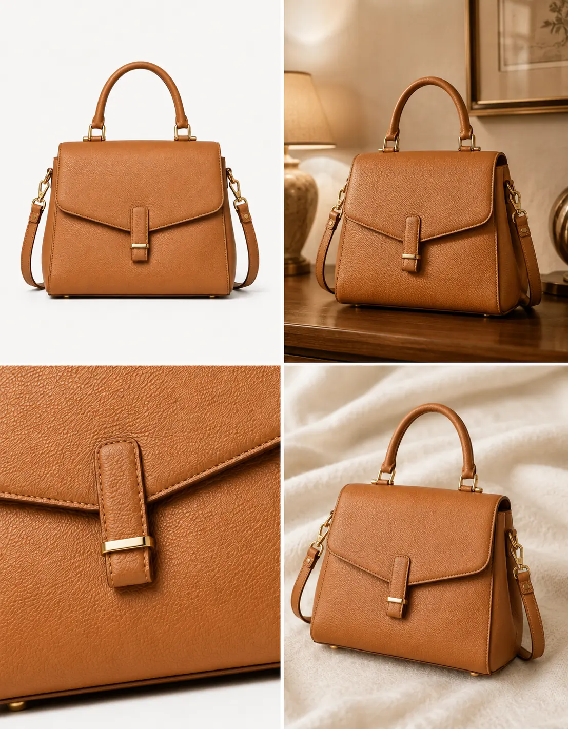 Generated visual set for a leather handbag product