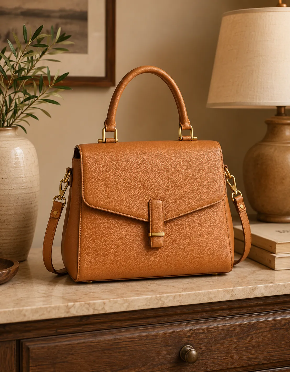 Lifestyle scene with a leather handbag